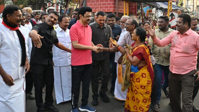 Chief Minister M.K. Stalin interacting with residents during his morning walk in Salem, while campaigning for the DMK Salem candidate T.M.